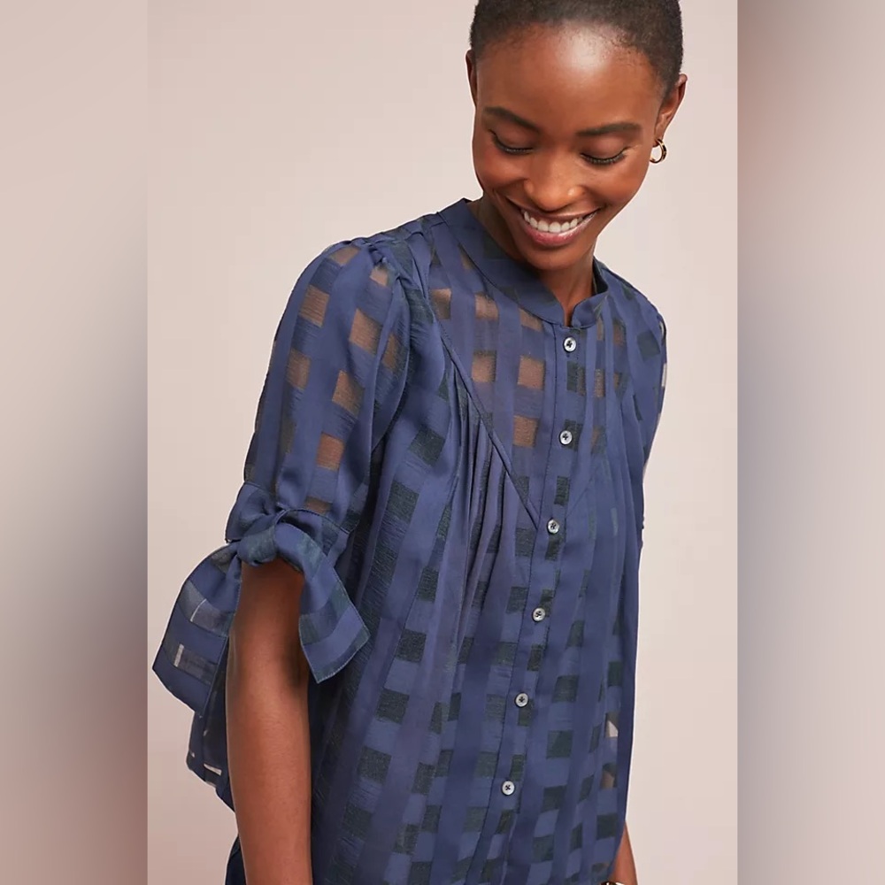 Current Air Windowpane Button-Down Blouse Size Xs… - image 1